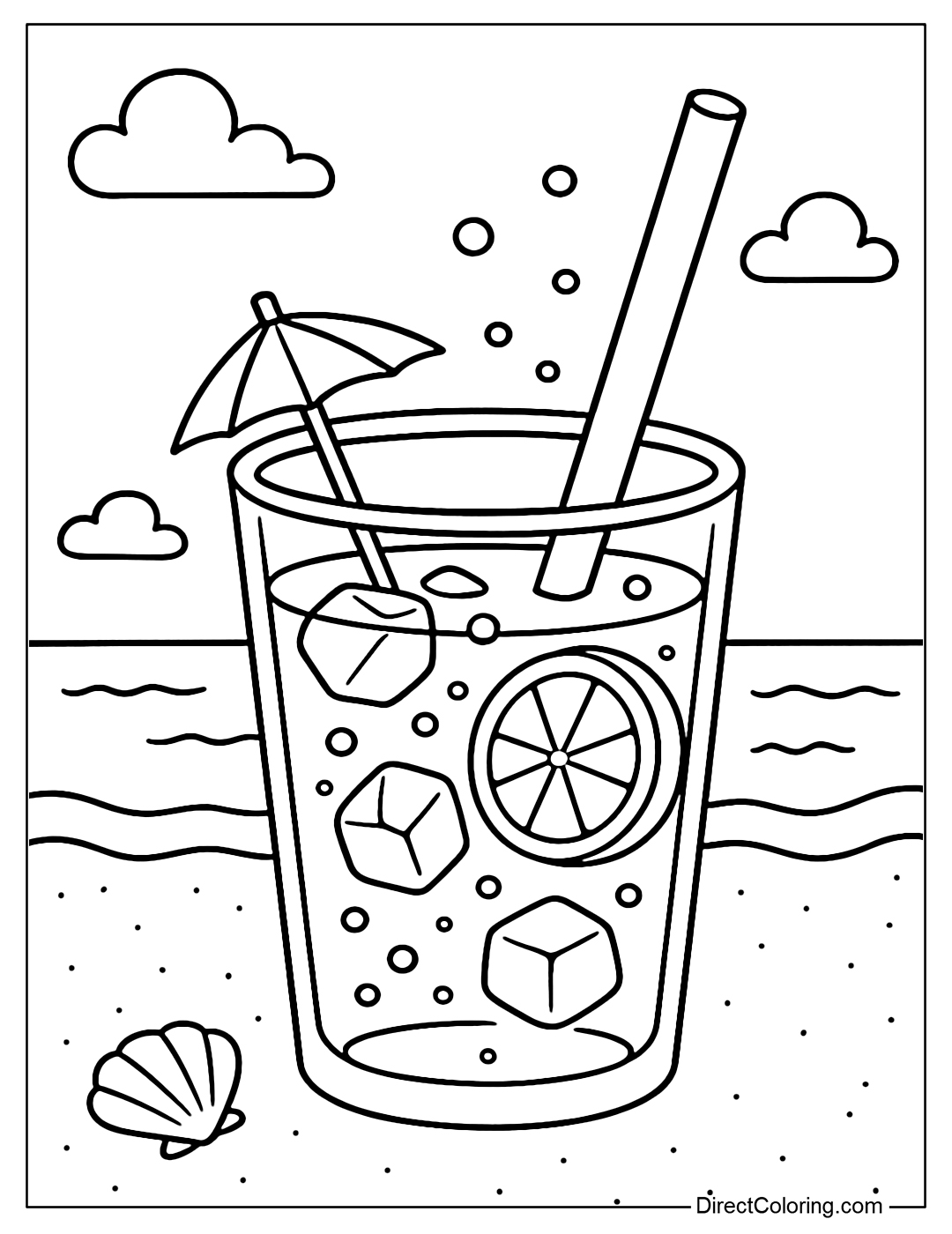 Blue water color page with ice and lemon slices, ocean background - small fish, seashells, yellow sand.